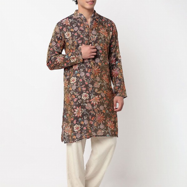 BELLAZO Men Floral Printed Screen Print Festive Cotton Straight Kurta