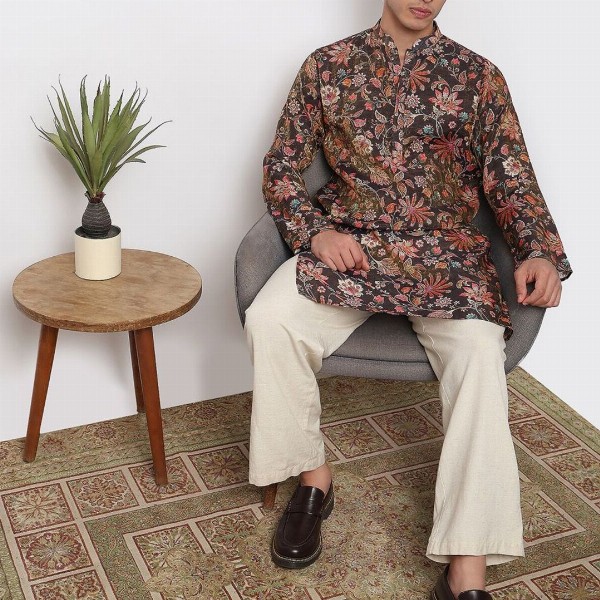 BELLAZO Men Floral Printed Screen Print Festive Cotton Straight Kurta
