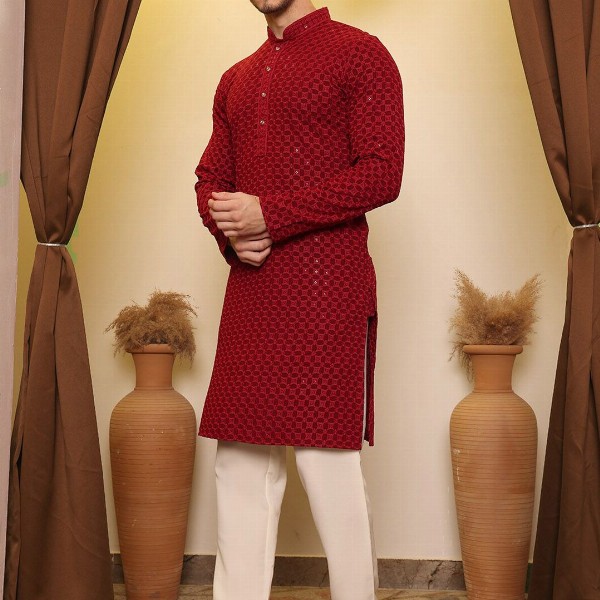 House of Pataudi Ethnic Motif Embroidered Mandarin Collar Round Neck Sequins Kurta