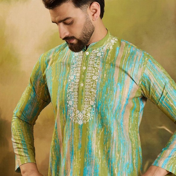 Sangria Men Abstract Printed Festive Silk Straight Kurta