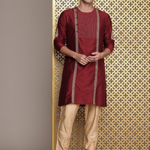 House of Pataudi Jashn Ethnic Motifs Embroidered Zari Work Angrakha Style Kurta
