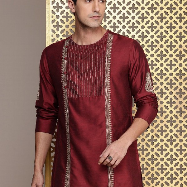 House of Pataudi Jashn Ethnic Motifs Embroidered Zari Work Angrakha Style Kurta