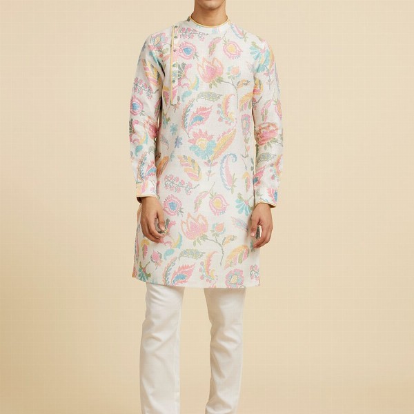 Diwas by Manyavar Floral Printed Mandarin Collar Cotton Kurta