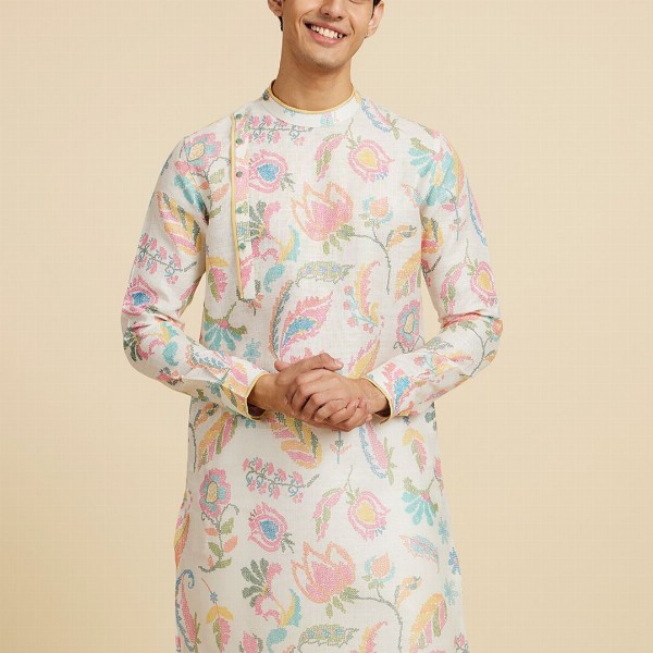 Diwas by Manyavar Floral Printed Mandarin Collar Cotton Kurta