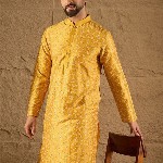 House of Pataudi Geometric Printed Mandarin Collar Silk Straight Kurta