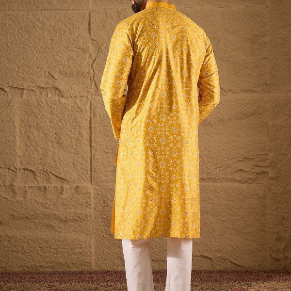 House of Pataudi Geometric Printed Mandarin Collar Silk Straight Kurta