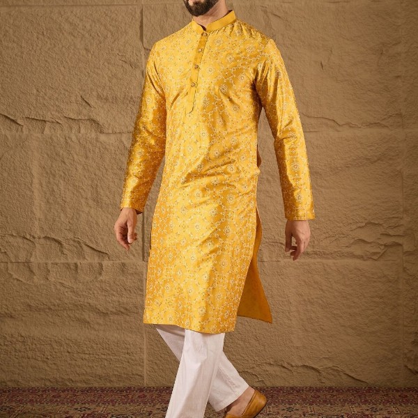 House of Pataudi Geometric Printed Mandarin Collar Silk Straight Kurta