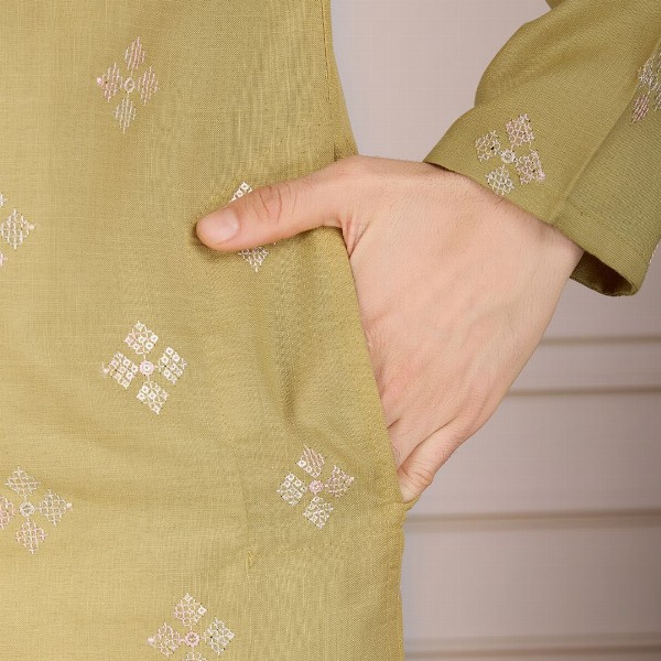 House of Pataudi Pushpa Geometric Embroidered Mandarin Collar Pure Cotton Straight Kurta