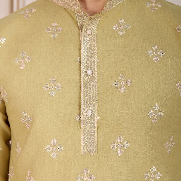 House of Pataudi Pushpa Geometric Embroidered Mandarin Collar Pure Cotton Straight Kurta