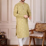 House of Pataudi Pushpa Geometric Embroidered Mandarin Collar Pure Cotton Straight Kurta