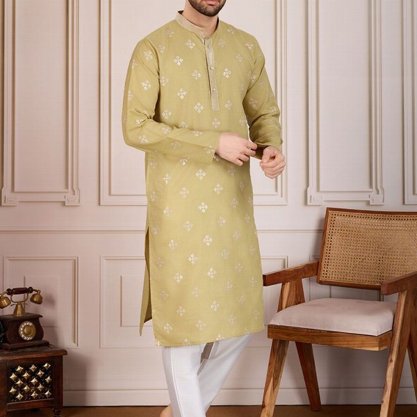 House of Pataudi Pushpa Geometric Embroidered Mandarin Collar Pure Cotton Straight Kurta