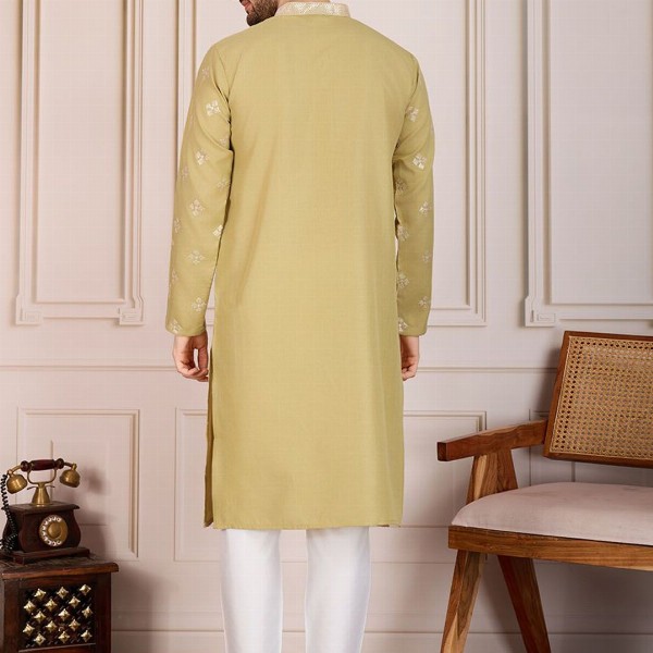 House of Pataudi Pushpa Geometric Embroidered Mandarin Collar Pure Cotton Straight Kurta