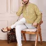 House of Pataudi Pushpa Geometric Embroidered Mandarin Collar Pure Cotton Straight Kurta