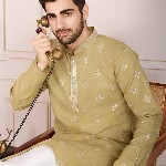 House of Pataudi Pushpa Geometric Embroidered Mandarin Collar Pure Cotton Straight Kurta