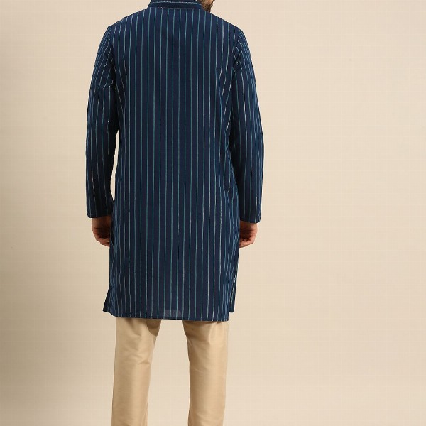 Anouk Men Navy Blue Striped Pure Cotton Kurta