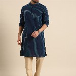Anouk Men Navy Blue Striped Pure Cotton Kurta