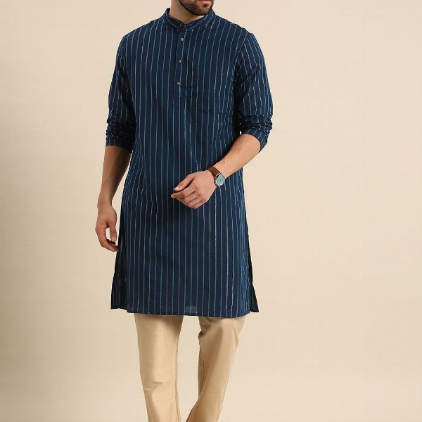 Anouk Men Navy Blue Striped Pure Cotton Kurta