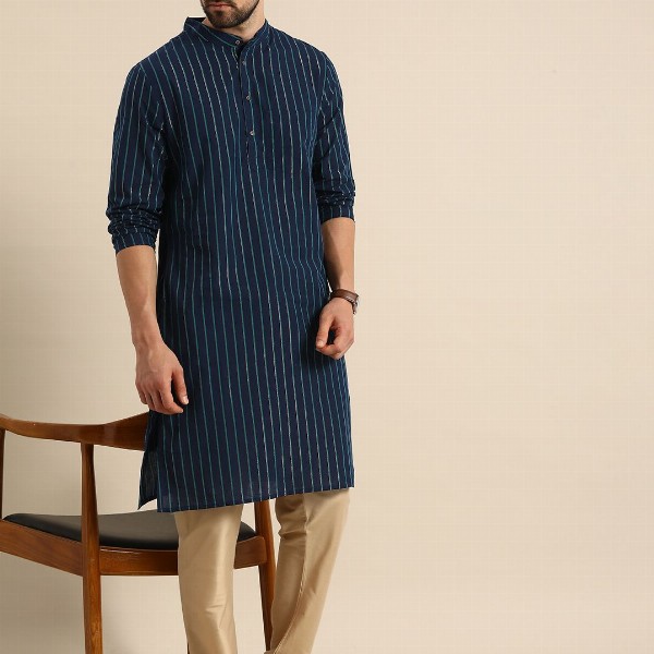 Anouk Men Navy Blue Striped Pure Cotton Kurta
