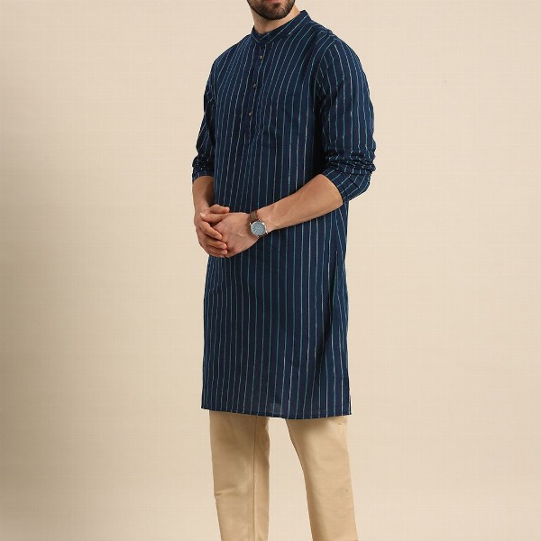 Anouk Men Navy Blue Striped Pure Cotton Kurta