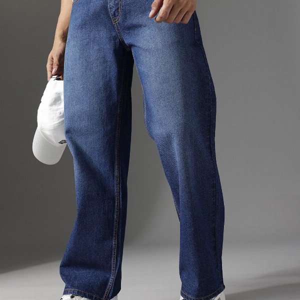 FCUK Men Smart Mid-Rise Light Fade Baggy Pure Cotton Jeans