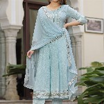 SINGNI Ethnic Motifs Printed Mirror Work Anarkali Kurta with Trousers & Dupatta