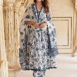 KALINI Floral Printed Anarkali Pure Cotton Kurta with Trousers & Dupatta