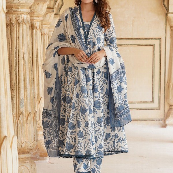 KALINI Floral Printed Anarkali Pure Cotton Kurta with Trousers & Dupatta