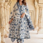 KALINI Floral Printed Anarkali Pure Cotton Kurta with Trousers & Dupatta