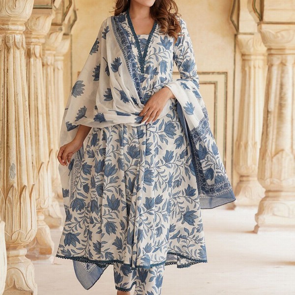 KALINI Floral Printed Anarkali Pure Cotton Kurta with Trousers & Dupatta