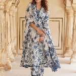 KALINI Floral Printed Anarkali Pure Cotton Kurta with Trousers & Dupatta