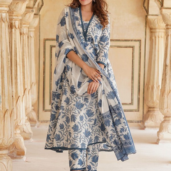 KALINI Floral Printed Anarkali Pure Cotton Kurta with Trousers & Dupatta