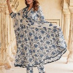 KALINI Floral Printed Anarkali Pure Cotton Kurta with Trousers & Dupatta