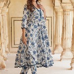KALINI Floral Printed Anarkali Pure Cotton Kurta with Trousers & Dupatta