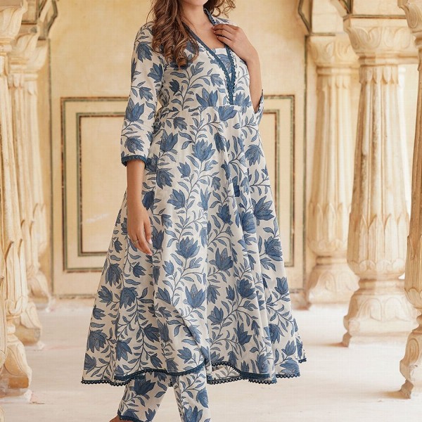 KALINI Floral Printed Anarkali Pure Cotton Kurta with Trousers & Dupatta