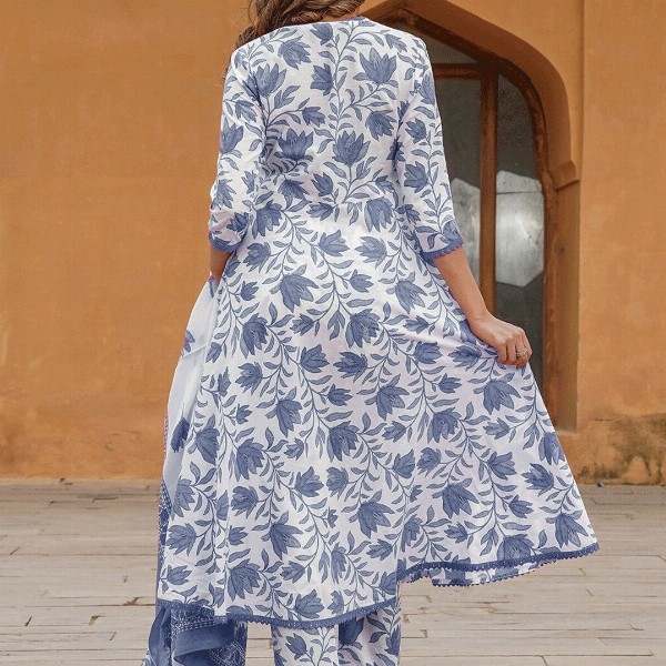 KALINI Floral Printed Anarkali Pure Cotton Kurta with Trousers & Dupatta