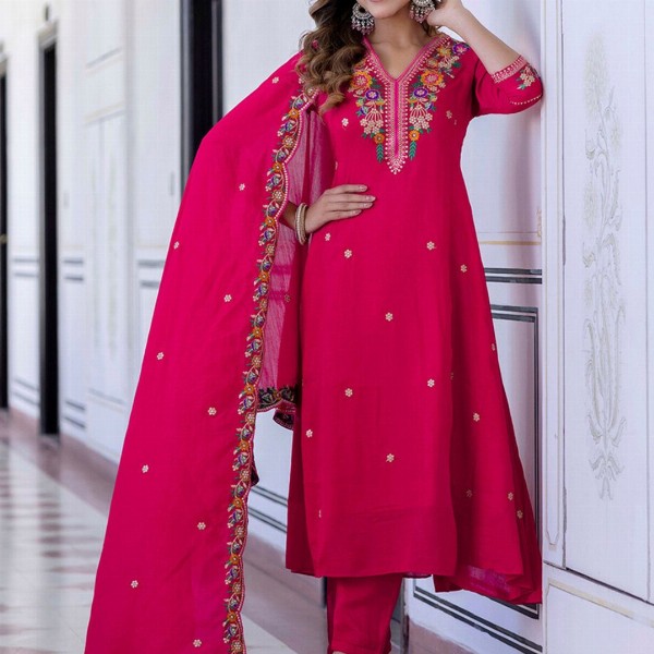 Navlik Women Floral Embroidered Regular Thread Work Kurta with Trousers & With Dupatta