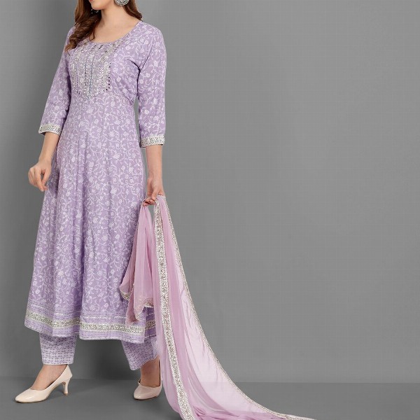 SINGNI Women Purple Ethnic Motifs Embroidered Mirror Work Kurta with Trousers & Dupatta