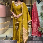 KALINI Women Floral Embroidered Notch Neck Straight Kurta With Trousers And Dupatta