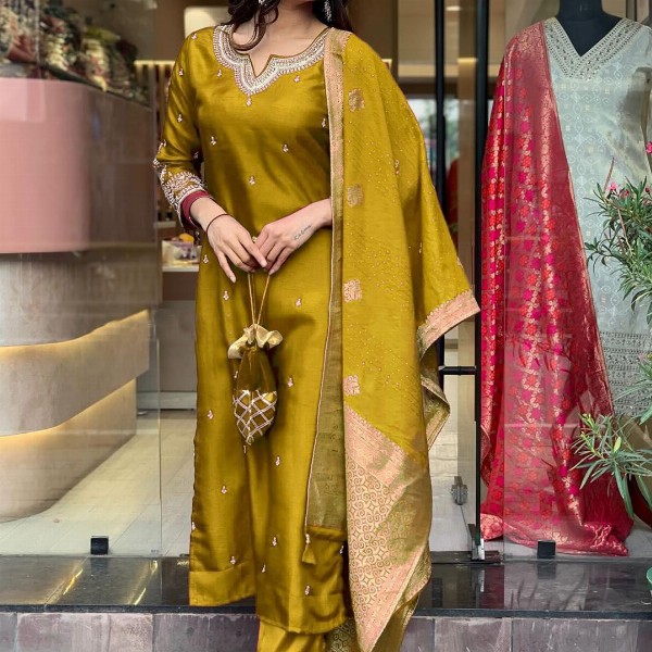 KALINI Women Floral Embroidered Notch Neck Straight Kurta With Trousers And Dupatta