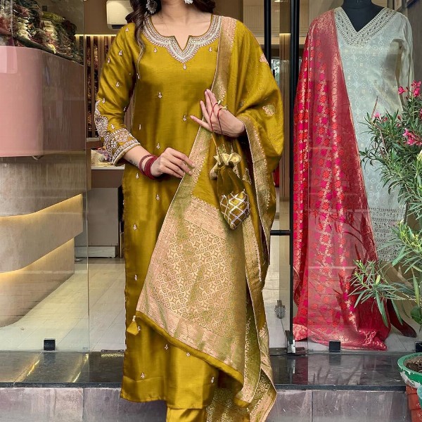 KALINI Women Floral Embroidered Notch Neck Straight Kurta With Trousers And Dupatta