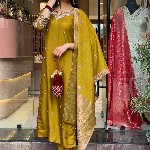 KALINI Women Floral Embroidered Notch Neck Straight Kurta With Trousers And Dupatta