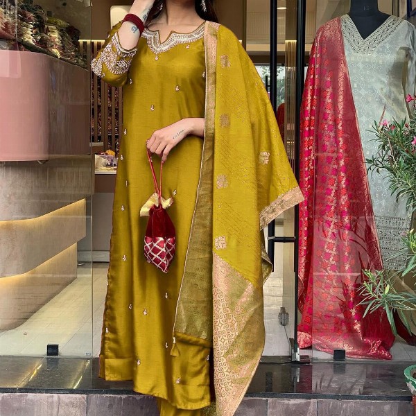 KALINI Women Floral Embroidered Notch Neck Straight Kurta With Trousers And Dupatta