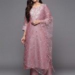 Varanga Floral Zari Embroidered Chanderi Silk Kurta With Trouser & Sequined Dupatta.