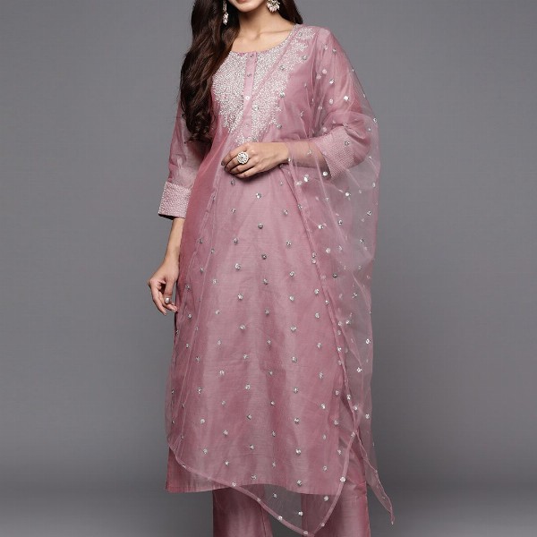 Varanga Floral Zari Embroidered Chanderi Silk Kurta With Trouser & Sequined Dupatta.