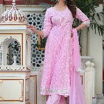 SINGNI Floral Printed Mirror Work Anarkali Kurta & Trousers With Dupatta