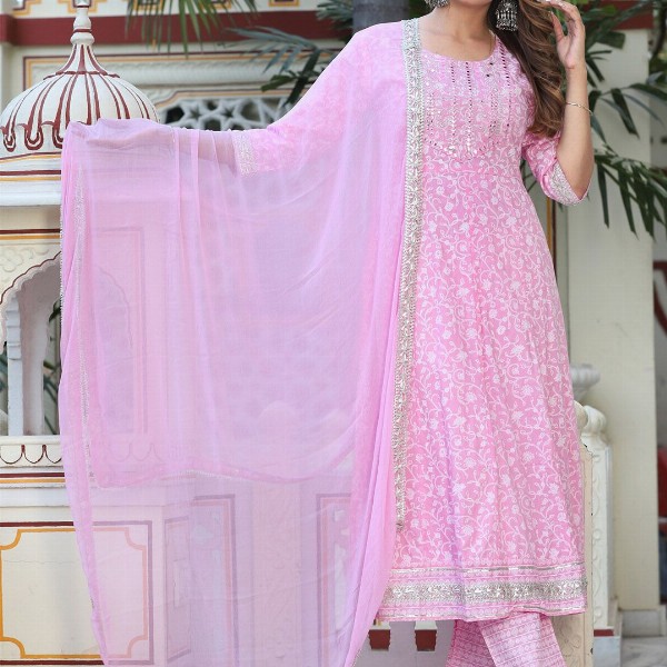 SINGNI Floral Printed Mirror Work Anarkali Kurta & Trousers With Dupatta