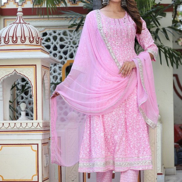 SINGNI Floral Printed Mirror Work Anarkali Kurta & Trousers With Dupatta