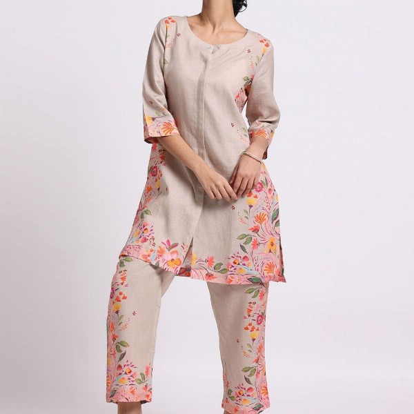 Bombay Bloom Floral Printed Linen Kurta with Trousers