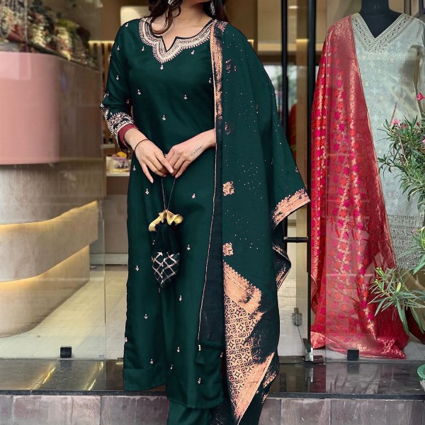 KALINI Floral Embroidered Beads and Stones Notch Neck Kurta With Trousers And Dupatta