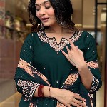 KALINI Floral Embroidered Beads and Stones Notch Neck Kurta With Trousers And Dupatta